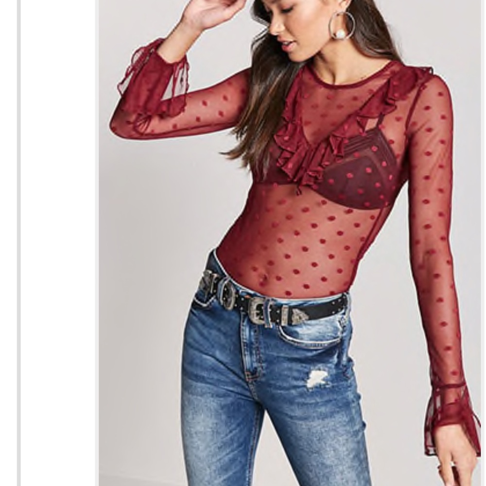 Forever 21 Polka dot sheer red mesh top